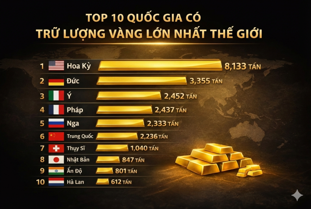Top 10 quốc gia nắm giữ vàng nhiều nhất hiện nay